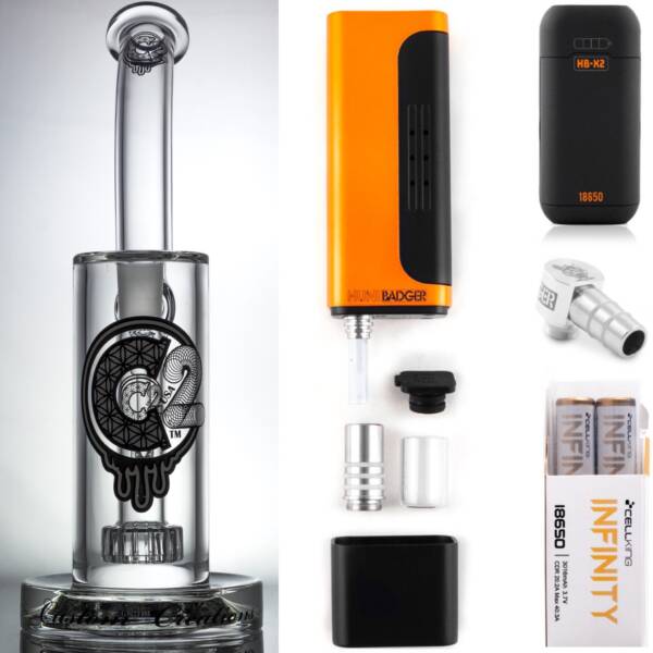 Huni Badger Portable Dab Rig (White) + C2 Custom Creations Glass BRB1 Dab Rig + Huni Badger Charger + Huni Badger 90 Degree Adapter + Battery 2 Pack Enail Combo Kit