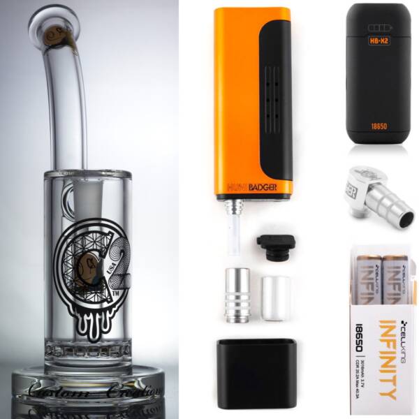 Huni Badger Portable Dab Rig (Calico Orange) + C2 Custom Creations Glass BRB50 Dab Rig + Huni Badger Charger + Huni Badger 90 Degree Adapter + Battery 2 Pack Enail Combo Kit