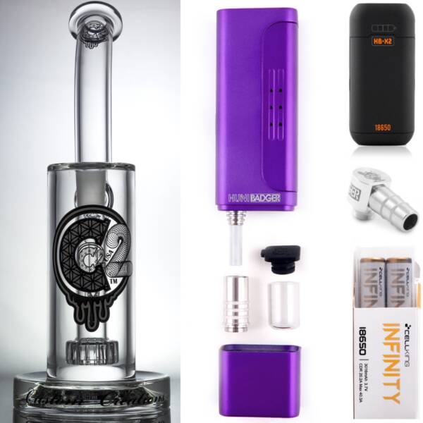 Huni Badger Portable Dab Rig (White) + C2 Custom Creations Glass BRB1 Dab Rig + Huni Badger Charger + Huni Badger 90 Degree Adapter + Battery 2 Pack Enail Combo Kit