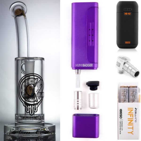 Huni Badger Portable Dab Rig (Candy Purple) + C2 Custom Creations Glass BRB50 Dab Rig + Huni Badger Charger + Huni Badger 90 Degree Adapter + Battery 2 Pack Enail Combo Kit