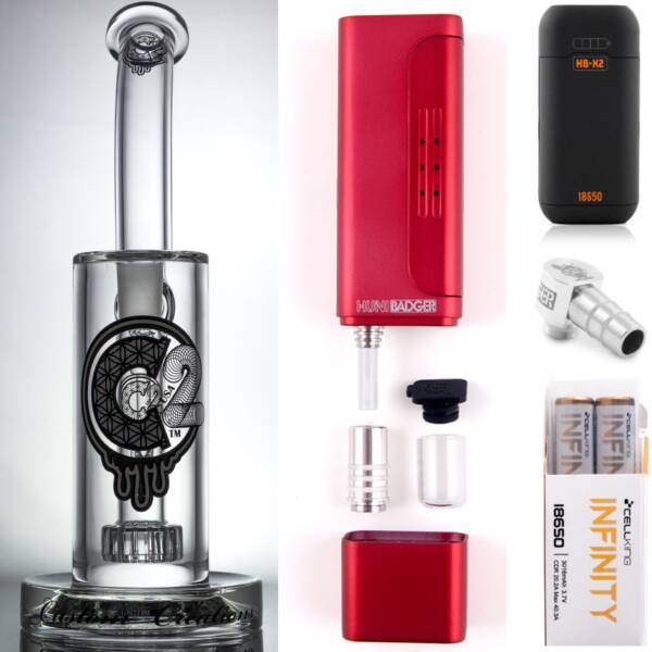 Huni Badger Portable Dab Rig (Crimson Red) + C2 Custom Creations Glass BRB1 Dab Rig + Huni Badger Charger + Huni Badger 90 Degree Adapter + Battery 2 Pack Enail Combo Kit