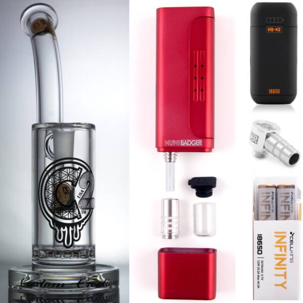 Huni Badger Portable Dab Rig (Crimson Red) + C2 Custom Creations Glass BRB50 Dab Rig + Huni Badger Charger + Huni Badger 90 Degree Adapter + Battery 2 Pack Enail Combo Kit