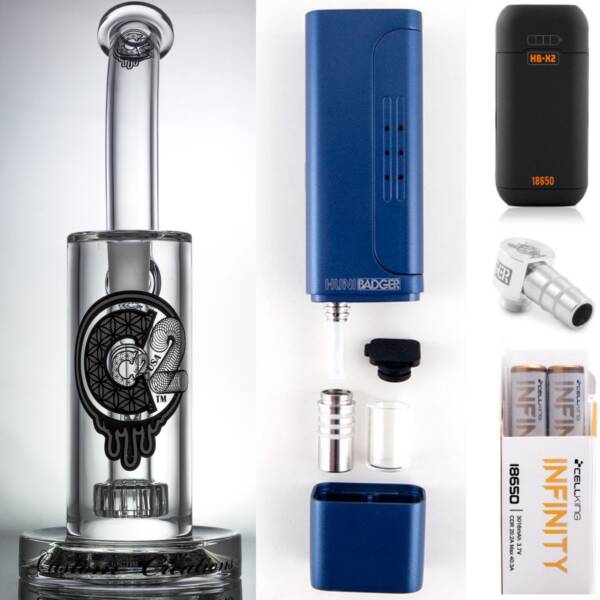 Huni Badger Portable Dab Rig (Royal Blue) + C2 Custom Creations Glass BRB1 Dab Rig + Huni Badger Charger + Huni Badger 90 Degree Adapter + Battery 2 Pack Enail Combo Kit