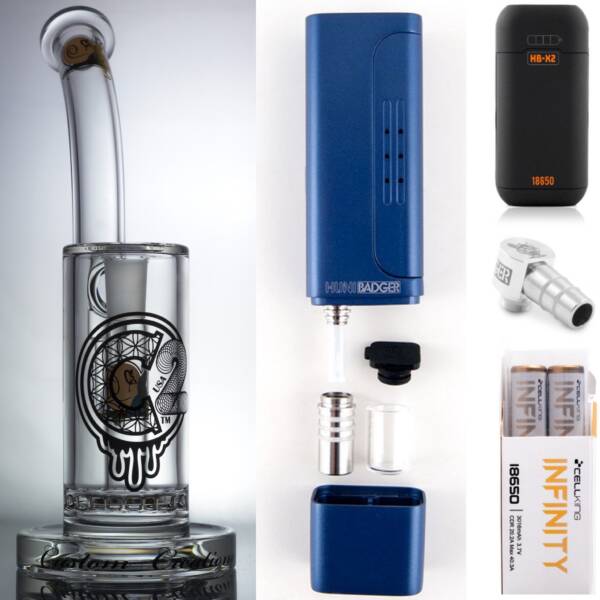 Huni Badger Portable Dab Rig (Royal Blue) + C2 Custom Creations Glass BRB50 Dab Rig + Huni Badger Charger + Huni Badger 90 Degree Adapter + Battery 2 Pack Enail Combo Kit