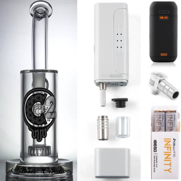 Huni Badger Portable Dab Rig (White) + C2 Custom Creations Glass BRB1 Dab Rig + Huni Badger Charger + Huni Badger 90 Degree Adapter + Battery 2 Pack Enail Combo Kit