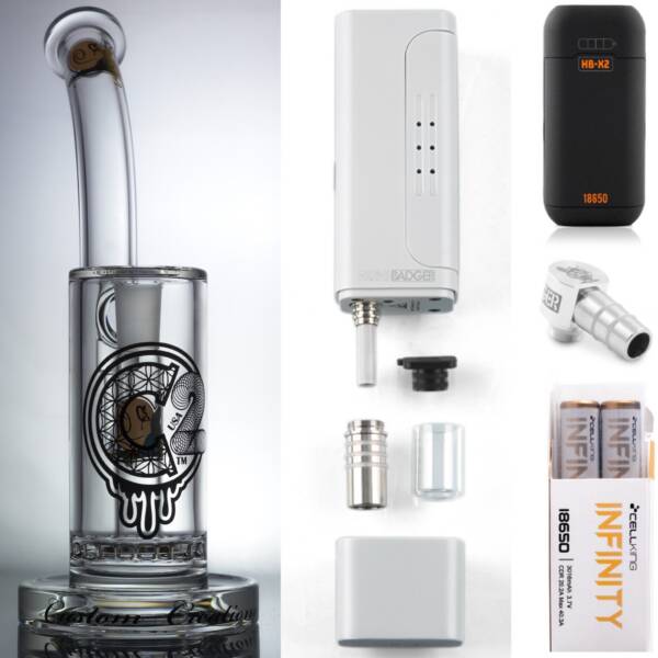 Huni Badger Portable Dab Rig (White) + C2 Custom Creations Glass BRB50 Dab Rig + Huni Badger Charger + Huni Badger 90 Degree Adapter + Battery 2 Pack Enail Combo Kit