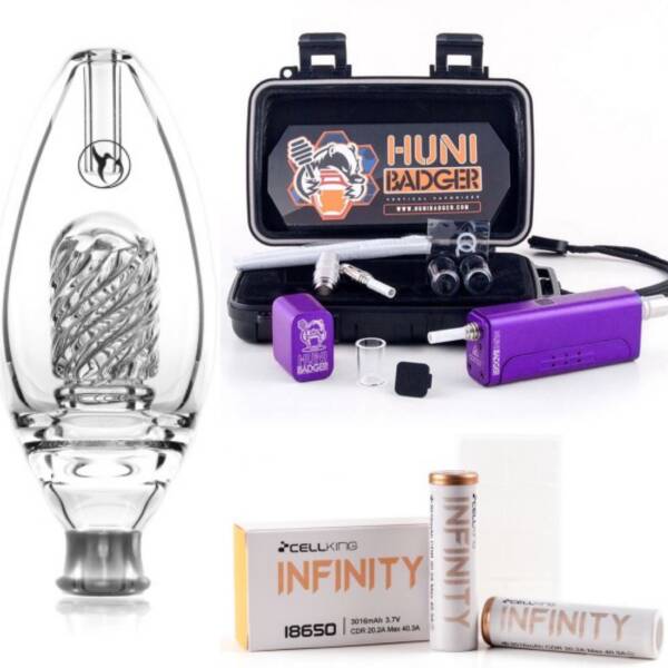 Huni Badger Portable Enail + Nectar Collector Delux Honeybird Glass Bubbler + Battery 2-Pack Kit (Crimson Red)