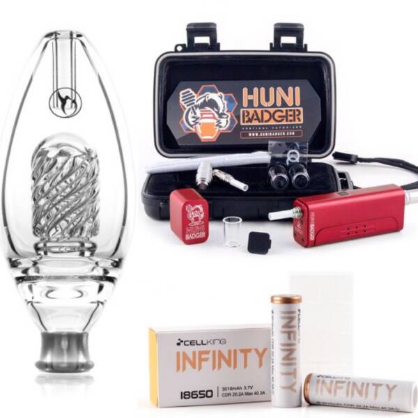 Huni Badger Portable Enail + Nectar Collector Delux Honeybird Glass Bubbler + Battery 2-Pack Kit (Crimson Red)