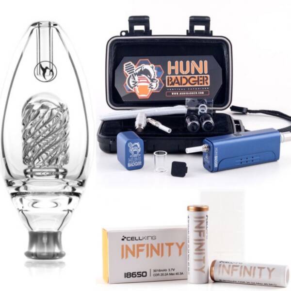 Huni Badger Portable Enail + Nectar Collector Delux Honeybird Glass Bubbler + Battery 2-Pack Kit (White)