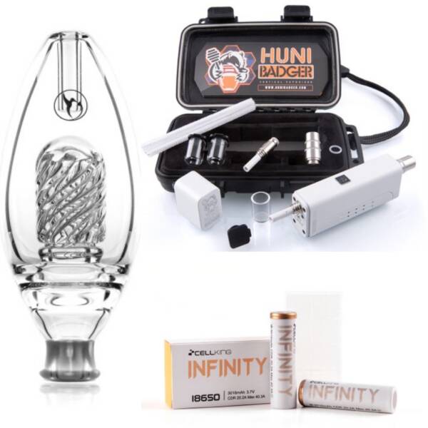Huni Badger Portable Enail + Nectar Collector Delux Honeybird Glass Bubbler + Battery 2-Pack Kit (White)