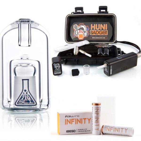 Huni Badger Portable Dab Rig + 710SciGlass Bullet Bubbler + Battery 2-Pack Kit (Black)