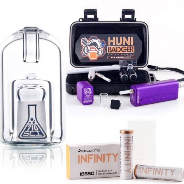Huni Badger Portable Dab Rig + 710SciGlass Bullet Bubbler + Battery 2-Pack Kit (Candy Purple)