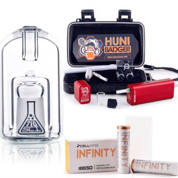 Huni Badger Portable Dab Rig + 710SciGlass Bullet Bubbler + Battery 2-Pack Kit (Crimson Red)