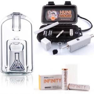 Huni Badger Portable Dab Rig + 710SciGlass Bullet Bubbler + Battery 2-Pack Kit (White)