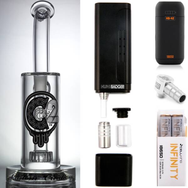 Huni Badger Portable Dab Rig (Black) + C2 Custom Creations Glass BRB1 Dab Rig + Huni Badger Charger + Huni Badger 90 Degree Adapter + Battery 2 Pack Enail Combo Kit